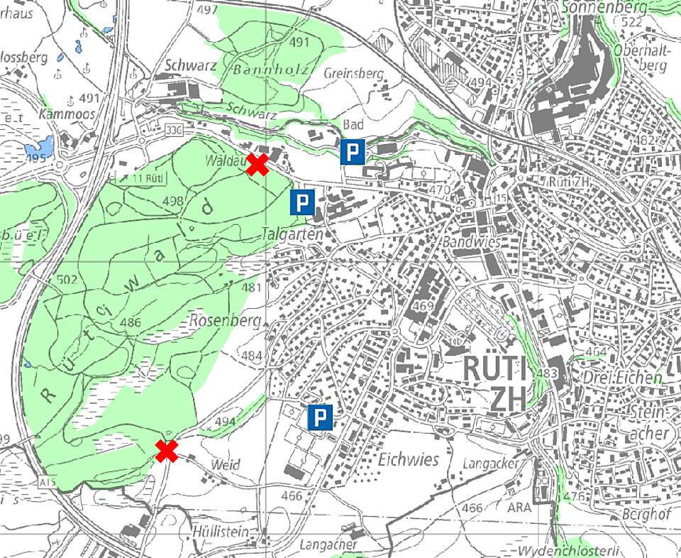 Plan mit alternativen öffentlichen Parkplätzen